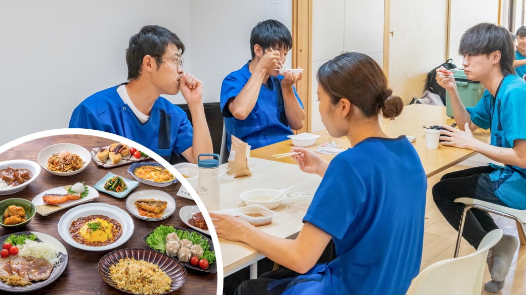 休憩室で昼食を食べるスタッフ