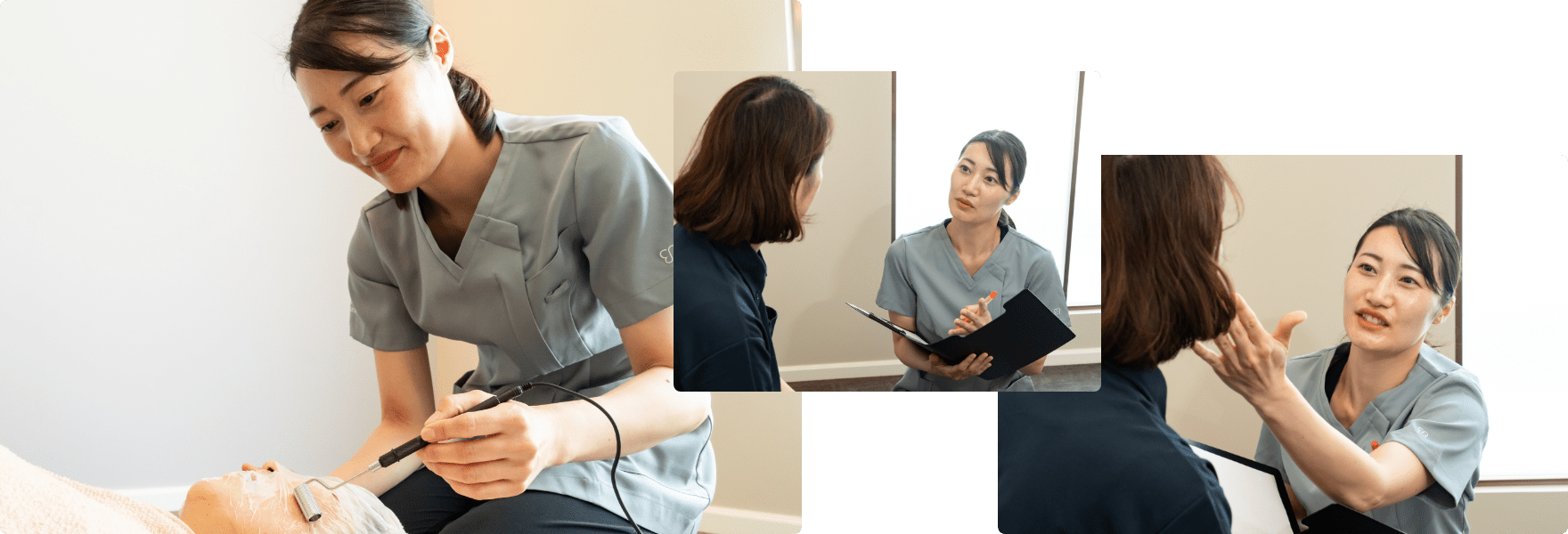 美容看護師の働く様子(処置、カウンセリング、訪問など)